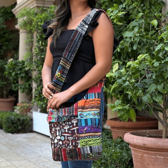 Tribal Stripe Patchwork Hobo Bag - Handmade Cotton Crossbody Bag from Nepal - Picture 1 of 7